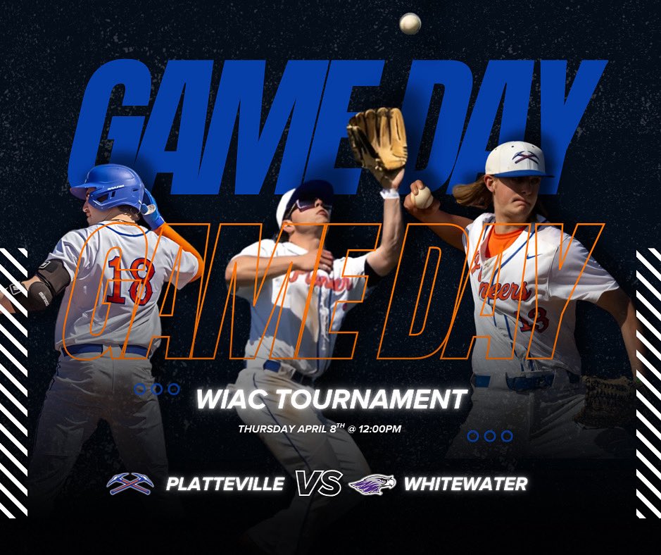 🚨 TOURNEY TIME🚨

Pioneers vs. Warhawks.
Thursday | 12:00 PM — It’s go time.
We’ve worked all season for this moment. Let’s show up and show out‼️⚾️
#uwp #wiac #plattevillebaseball