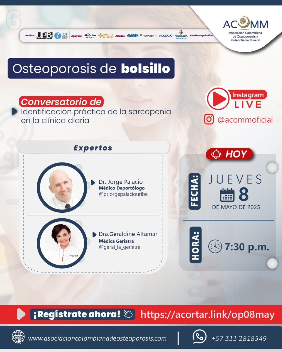 ¡Es HOY! ¡Es HOY! Nos vemos a las 7:30 p.m. en ‘Osteoporosis de bolsillo’, nuestro Instagram LIVE, con un tema muy especial: ‘Identificación práctica de la sarcopenia en la clínica diaria’.

Inscríbete en acortar.link/op08may para acompañar a nuestros especialistas.
 
#ACOMM