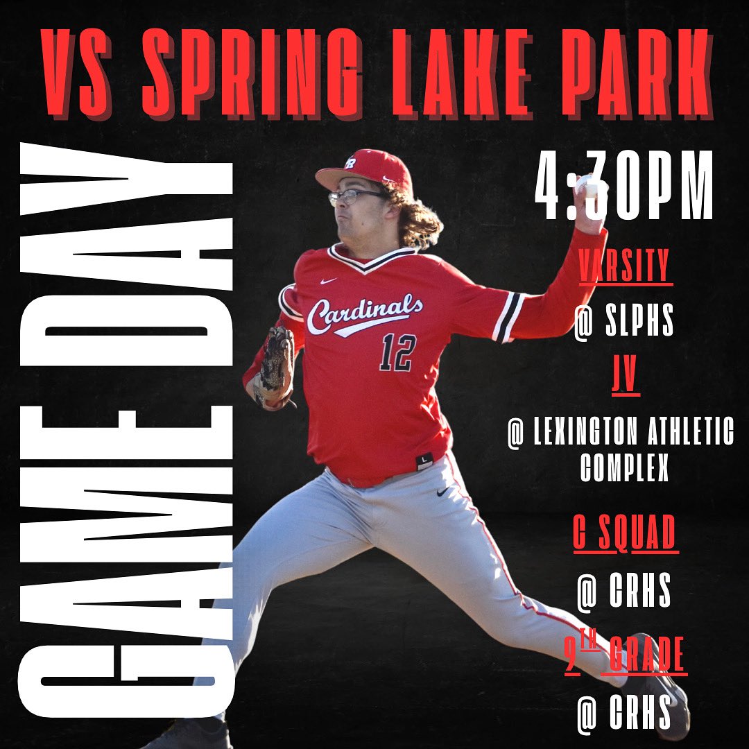 GAME DAY 🆚 Spring Lake Park
4:30pm
Varsity @ Spring Lake Park HS
JV @ Lexington Athletic Complex
C Squad @ CRHS
9th Grade @ CRHS

Good luck! 
#CardinalBaseball