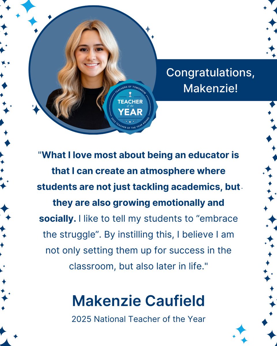 The 2025 Teacher of the Year is 🥁… Makenzie Caufield! 🎉

Makenzie embodies what it means to be an educator who changes lives. 💛
We’re so proud to honor her as our National Teacher of the Year.

Read more here: bit.ly/4373YfE