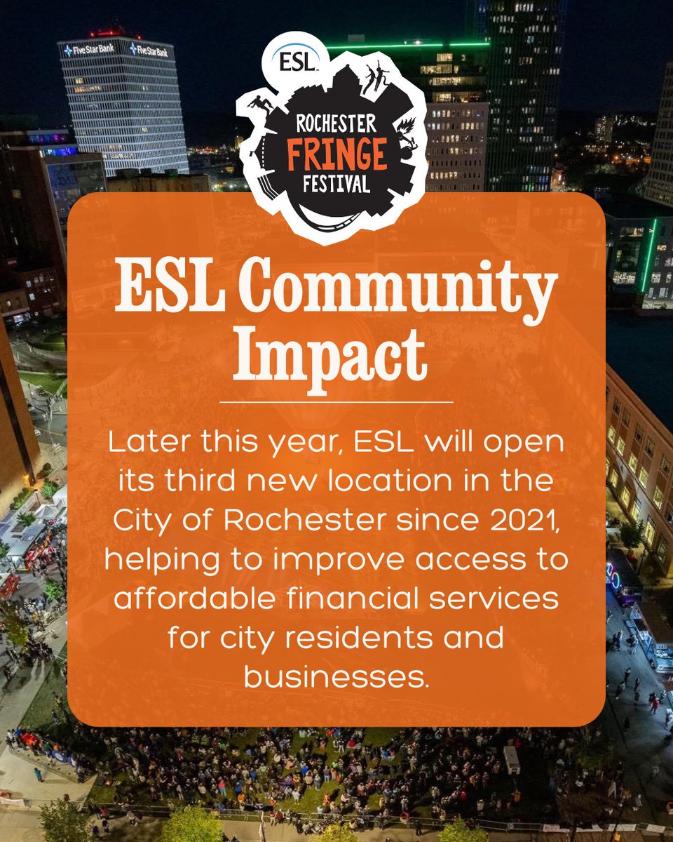RochesterFringe's tweet photo. Access matters. Opportunity matters. And Rochester deserves both. 
Later this year, ESL @ESLFCU will open its third new City of Rochester location since 2021, bringing affordable financial services even closer to the people and small businesses that make our community thrive.🏙️💵

It’s one more way ESL is investing in a stronger, more inclusive Rochester—and why we’re proud to celebrate them as the title sponsor of the ESL Rochester Fringe Festival, where access to the arts meets access to opportunity. 
 
#RocFringe25 #BelongToSomethingBigger #ESLCaresRoc #RochesterNY