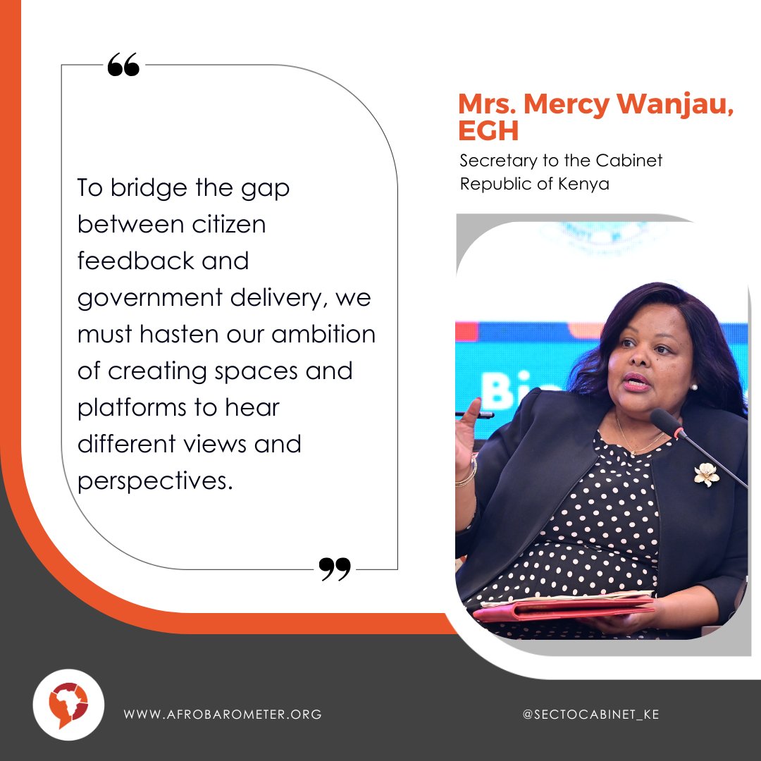 The Secretary to the Cabinet of Kenya (<a href="/SectoCabinet_KE/">Mercy Wanjau, EGH</a>) emphasised the need to bridge the gap between citizen feedback and government action.  

Speaking at a panel discussion hosted by Afrobarometer at the Evidence for Development Conference (<a href="/Evi4DevCon/">Evi4Dev Conference</a>) in Kenya, Mrs Mercy