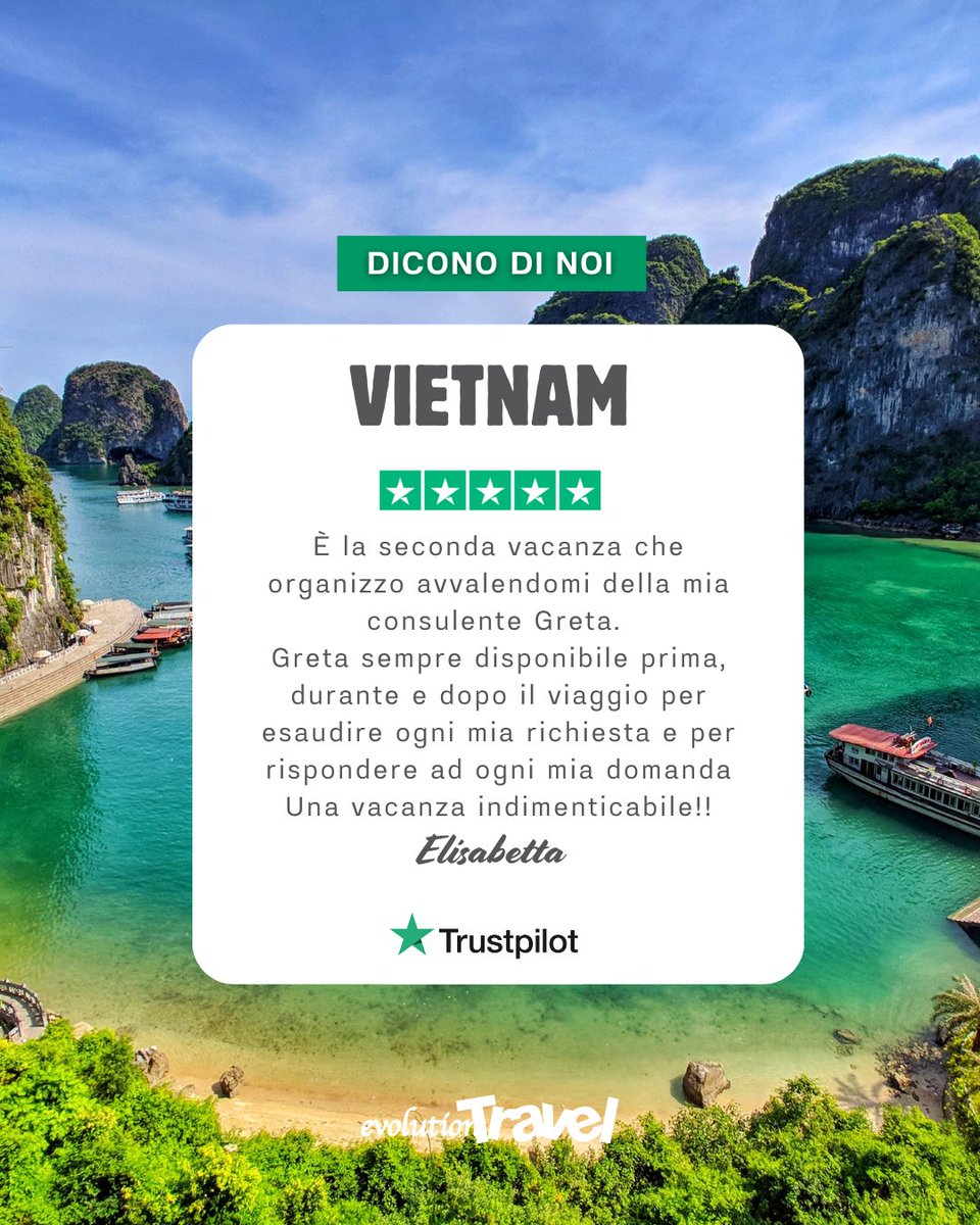 Ciao Elisabetta, grazie di cuore per le tue splendide parole. Siamo estremamente felici di sapere che la tua esperienza è stata positiva. Non vediamo l'ora di accompagnarti ancora in viaggi indimenticabili! Complimenti a Greta😍

#evolutiontravel #consulenteviaggionline