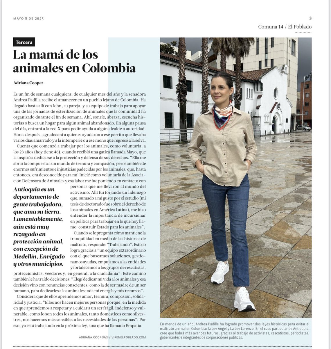 Andrea Padilla Villarraga🐆 (@andreanimalidad) on Twitter photo Eres maravillosa, Adriana. Gracias por tu profesionalismo, amor, cariño y generosidad. 
Me llegaste a los hondo del corazón con esta columna ❤️👇
📰 “La mamá de los animales en #Colombia” por Adriana Cooper (<a href="/adrihcooper18/">Adriana Cooper🪻🌷</a>) directora de <a href="/vivirpoblado/">Vivir en El Poblado</a>. 
🔗 Leer aquí: Eres maravillosa, Adriana. Gracias por tu profesionalismo, amor, cariño y generosidad. 
Me llegaste a los hondo del corazón con esta columna ❤️👇
📰 “La mamá de los animales en #Colombia” por Adriana Cooper (<a href="/adrihcooper18/">Adriana Cooper🪻🌷</a>) directora de <a href="/vivirpoblado/">Vivir en El Poblado</a>. 
🔗 Leer aquí: