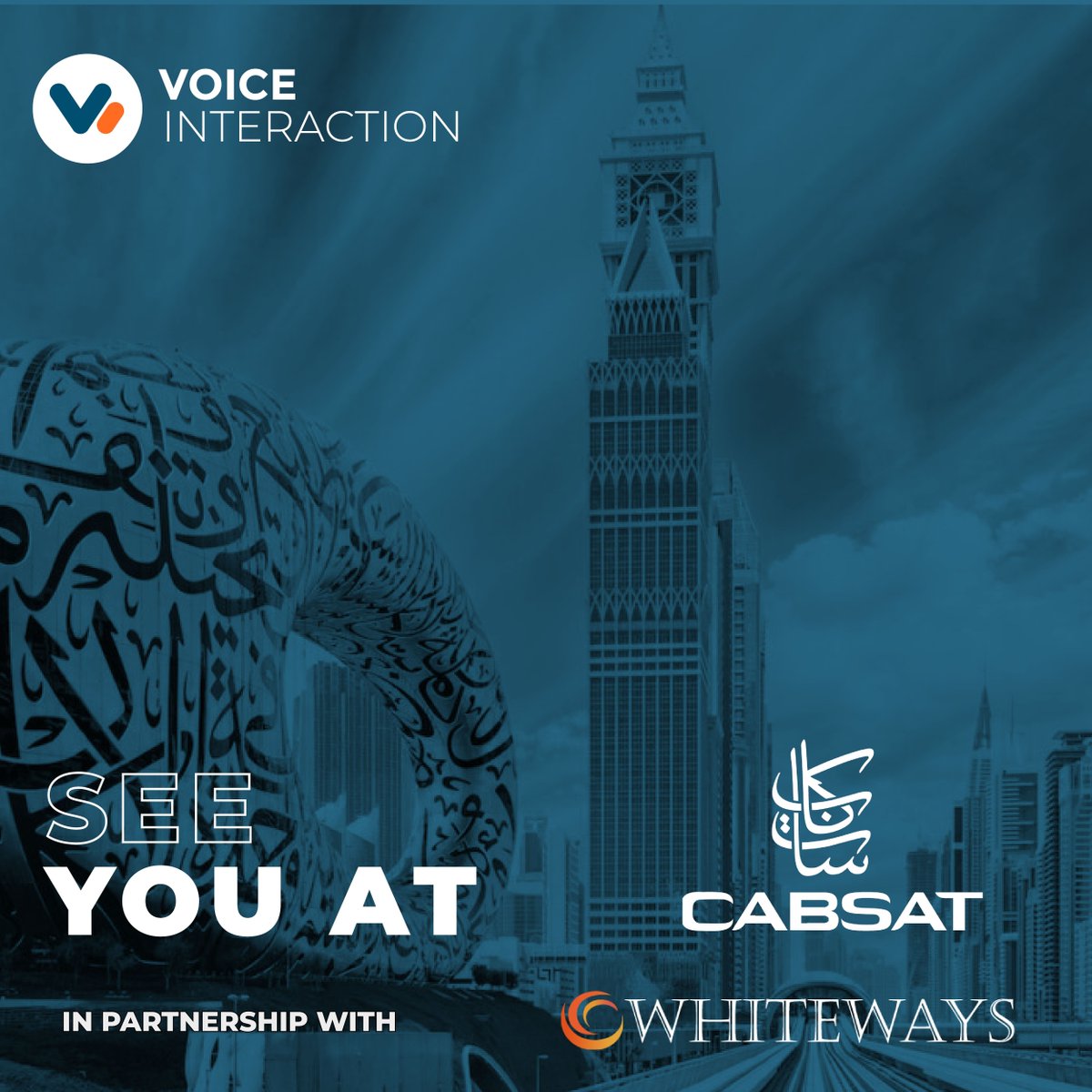 Meet us at CABSAT 2025! 🗣️ 
VoiceInteraction, in partnership with Whiteways, will be exhibiting at Booth A5 in the Trade Centre Arena. Discover how our AI-driven speech technologies can make your content more accessible than ever, or reach out anytime: bit.ly/3Kim2us
