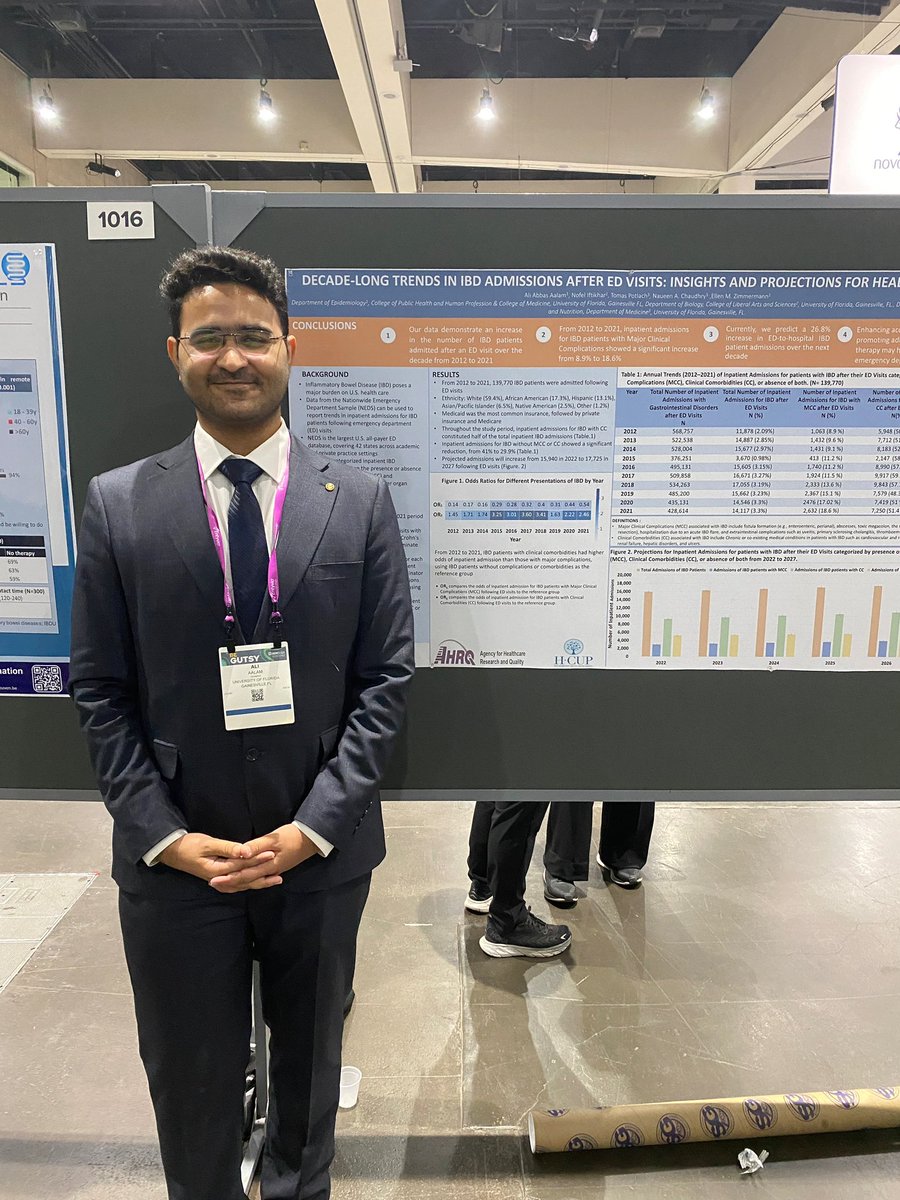 #DDW2025 Dr. Ali Aalam:
Using representative data from the NEDS database (2012–2021), our study quantifies the growing burden of Crohn’s disease and ulcerative colitis patients presenting to EDs, highlighting how major complications and comorbidities impact admission rates.