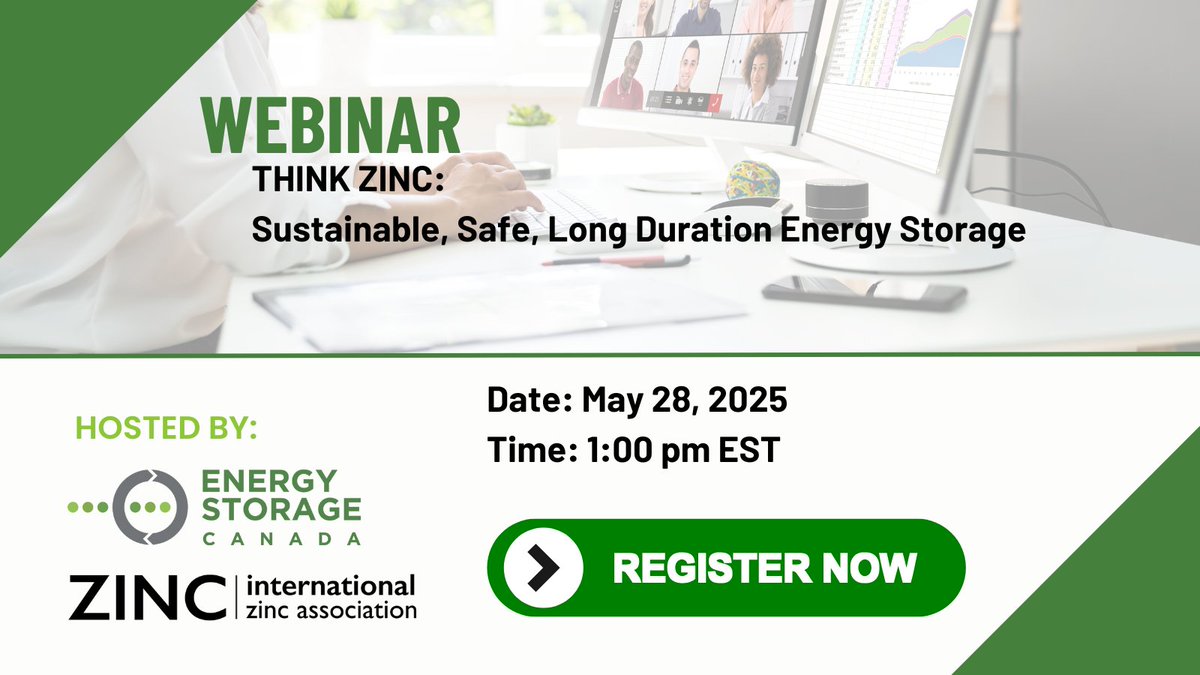 Energy Storage Canada (@enrgystoragecan) on Twitter photo Energy Storage Canada (ESC) is pleased to host a webinar with the Zinc Battery Initiative, “Think Zinc: Sustainable, Safe, Long Duration Energy Storage," with <a href="/eZinc_Energy/">e-Zinc</a>, <a href="/PoweredByEos/">🔋 Eos Energy Enterprises, Inc. 🔋</a> & <a href="/UrbanElectricCo/">Urban Electric Co.</a>.
Register today to join: events.zoom.us/ev/AoCqyAed8aL… Energy Storage Canada (ESC) is pleased to host a webinar with the Zinc Battery Initiative, “Think Zinc: Sustainable, Safe, Long Duration Energy Storage," with <a href="/eZinc_Energy/">e-Zinc</a>, <a href="/PoweredByEos/">🔋 Eos Energy Enterprises, Inc. 🔋</a> & <a href="/UrbanElectricCo/">Urban Electric Co.</a>.
Register today to join: events.zoom.us/ev/AoCqyAed8aL…