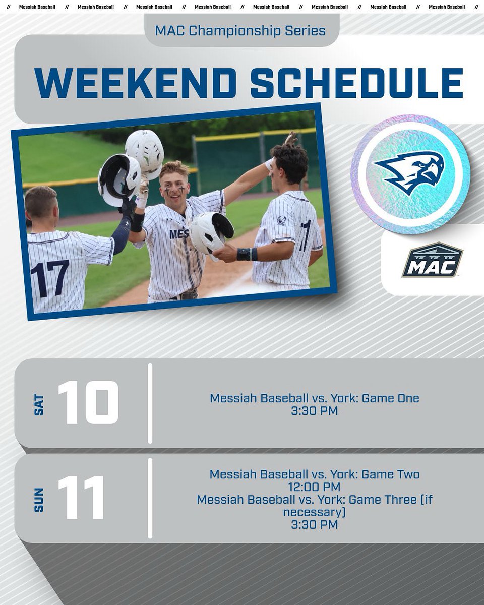 ⚾️ ☀️ SCHEDULE UPDATE ☀️ ⚾️ 

The MAC Championship series is held at Houck Field as 1 seed hosts 2 seed York College this weekend on Saturday at 3:30! 

#JesusOverEverything #messiahbaseball