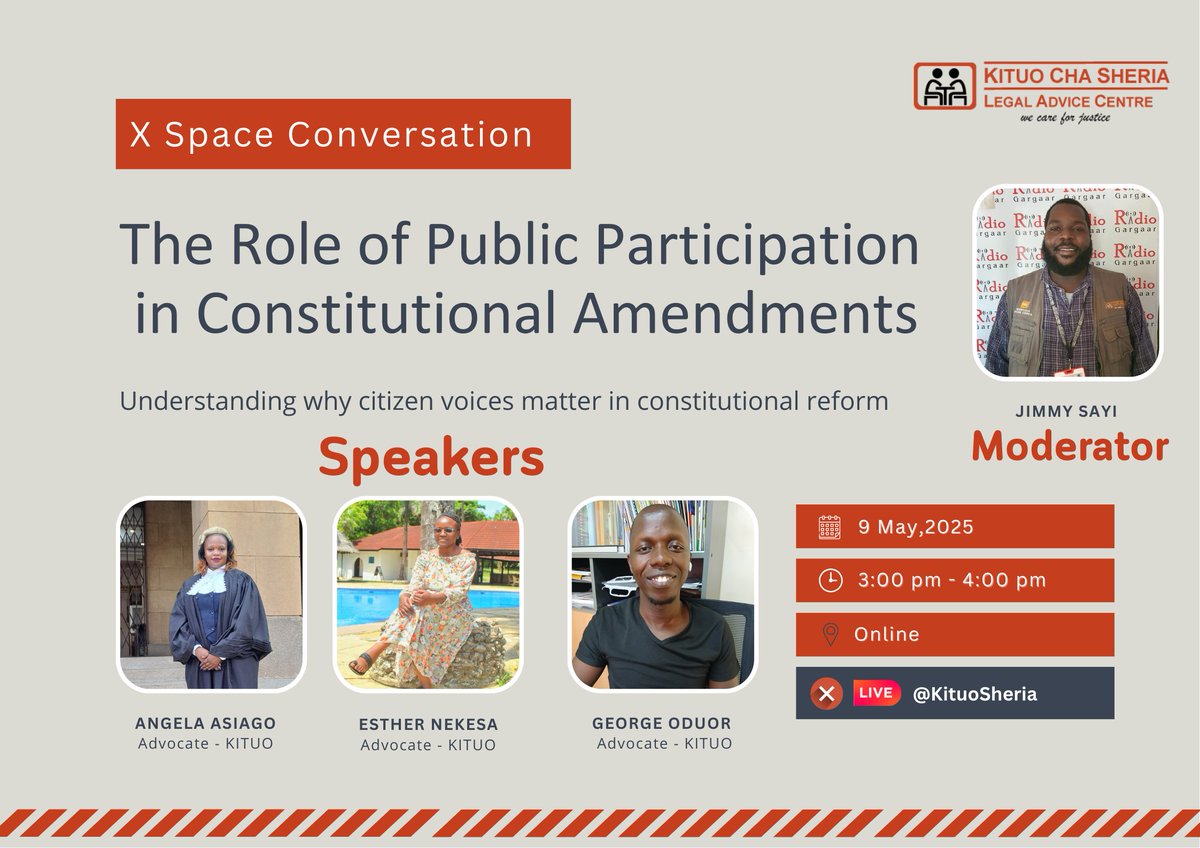KituoSheria's tweet photo. Let’s unpack why your voice matters in shaping the Constitution.
Join us this Friday on X Space with @KituoSheria as we discuss:
The Role of Public Participation in Constitutional Amendments 

#PublicParticipation #ConstitutionalReform #AccessToJustice #LegalEmpowerment https://t.co/rOMAUptftv