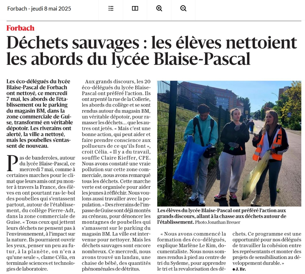 LBPascalForbach's tweet image. 🧹🌍  Les éco-délégués du lycée Blaise-Pascal nettoient les abords de l’établissement !
👏 Une belle action citoyenne relayée par Le Républicain Lorrain (8 mai).
#Forbach #EcoDelegués #DéchetsSauvages
c.republicain-lorrain.fr/environnement/… 
@pf_mourier
@cabbeke