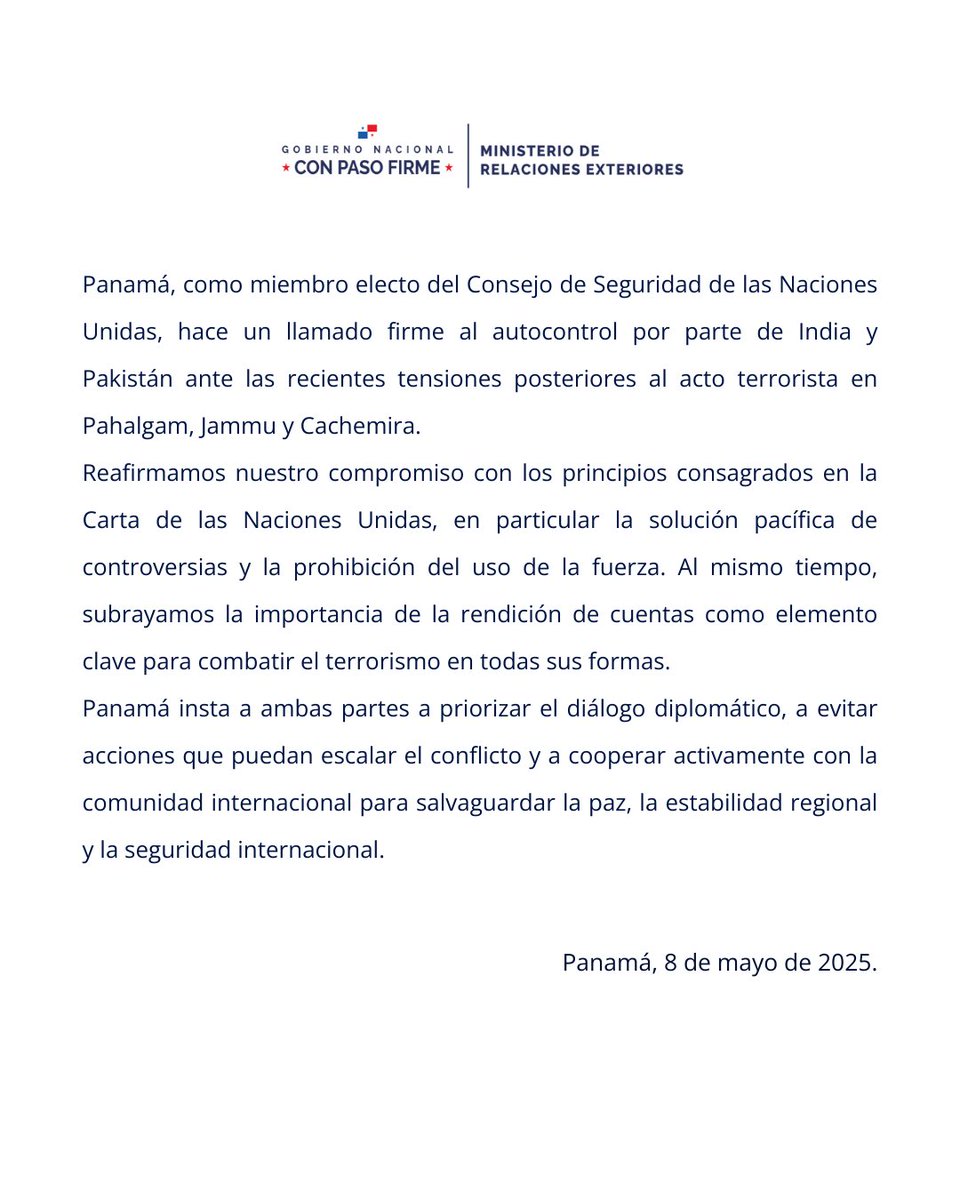 CancilleriaPma's tweet photo. •Comunicado Oficial• Panamá, como miembro electo del Consejo de Seguridad de las Naciones Unidas, hace un llamado firme al autocontrol por parte de India y Pakistán. https://t.co/d9UjrmNcpS
