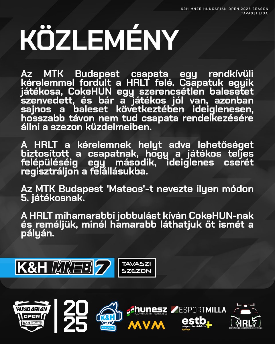 HungarianRLTournaments (@hrlt_hu) on Twitter photo 😢Ideiglenes változás az <a href="/MTKesport1888/">MTK Budapest Esport</a> keretében, nem így képzeltük a szezon kezdést...
CokeHUN sajnos egy időre kiválik a keretből, de a csapat tovább harcol a szezonban Mateos-szal kiegészülve. Gyógyulj meg hamar, Coke! 🙏
#khdöntsokosan #MNEB #ESTB #MVM #HUNESZ #HRLT 😢Ideiglenes változás az <a href="/MTKesport1888/">MTK Budapest Esport</a> keretében, nem így képzeltük a szezon kezdést...
CokeHUN sajnos egy időre kiválik a keretből, de a csapat tovább harcol a szezonban Mateos-szal kiegészülve. Gyógyulj meg hamar, Coke! 🙏
#khdöntsokosan #MNEB #ESTB #MVM #HUNESZ #HRLT