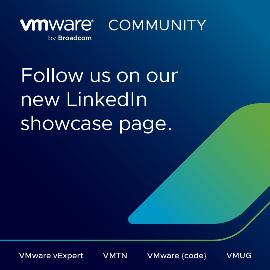 vmwarecode's tweet image. 📣 Announcing the #VMwareCommunity LinkedIn Page! 

We’ve created a new space just for you. Stay connected with all things Community— {code}, VMUG, vExpert, CMTY Forums, plus Explore activities—all in one place. 

🗣️ Follow &amp;amp; be part of the conversation: brcm.tech/4jzUNf3