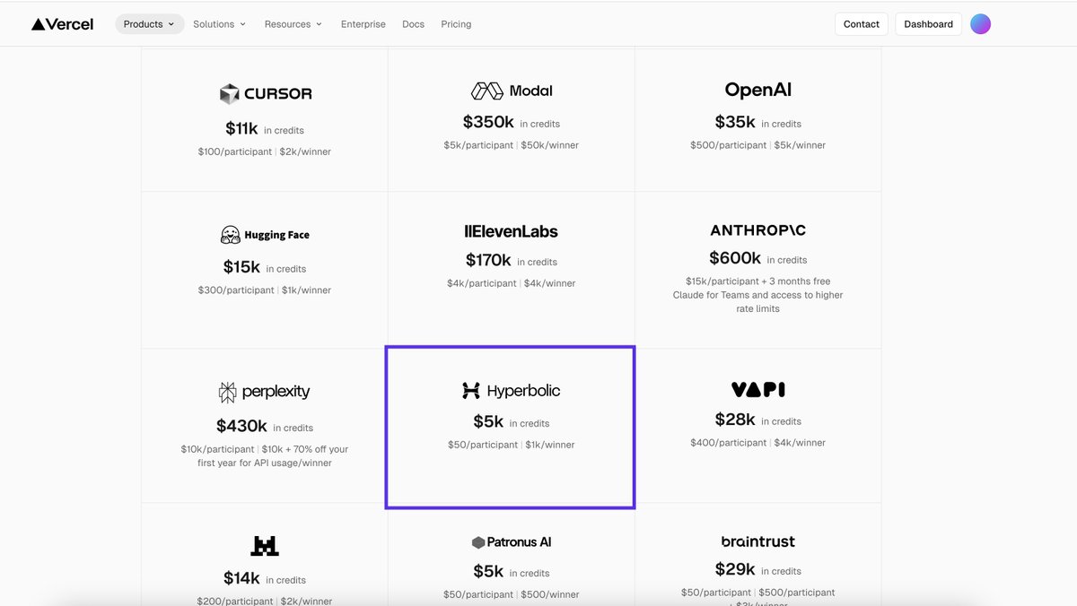 Hyperbolic (@hyperbolic_labs) on Twitter photo We’re excited to join the Vercel AI Accelerator alongside <a href="/OpenAI/">OpenAI</a>, <a href="/perplexity_ai/">Perplexity</a>, <a href="/huggingface/">Hugging Face</a>, <a href="/awscloud/">Amazon Web Services</a>, and more.
Participants get $50 in credits for compute or serverless inference. Spin up H100s on-demand for just $0.99/hr—available in under 60 seconds.
Top project wins We’re excited to join the Vercel AI Accelerator alongside <a href="/OpenAI/">OpenAI</a>, <a href="/perplexity_ai/">Perplexity</a>, <a href="/huggingface/">Hugging Face</a>, <a href="/awscloud/">Amazon Web Services</a>, and more.
Participants get $50 in credits for compute or serverless inference. Spin up H100s on-demand for just $0.99/hr—available in under 60 seconds.
Top project wins
