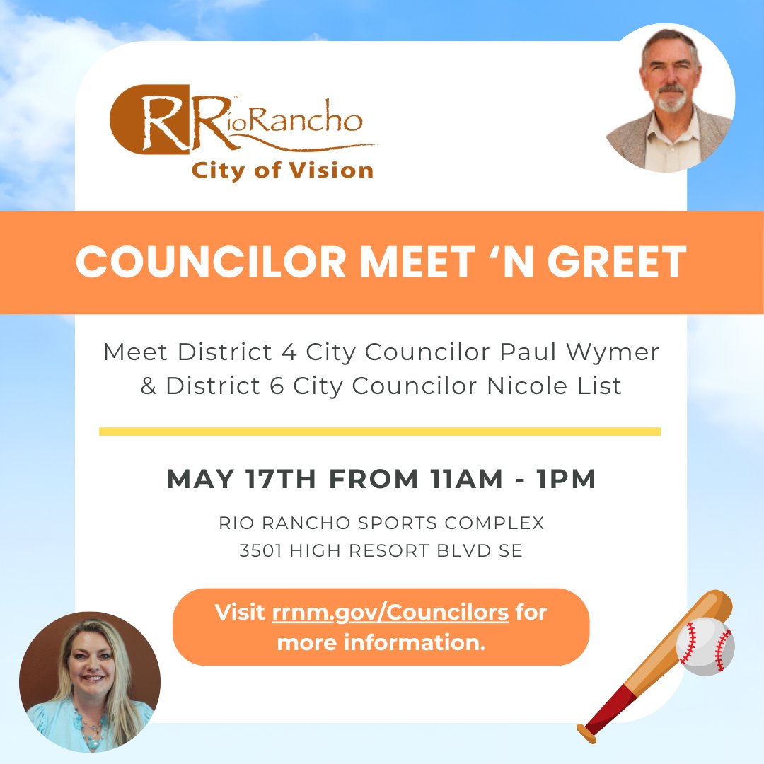 ⚾️ Meet District 4 Councilor Paul Wymer &amp; District 6 Councilor Nicole List at the ballpark! ⚾️
✅ Learn about local city programs &amp; resources
✅ Chat with your Councilors
✅ Grab some awesome giveaways
Visit rrnm.gov/Councilors for more information.