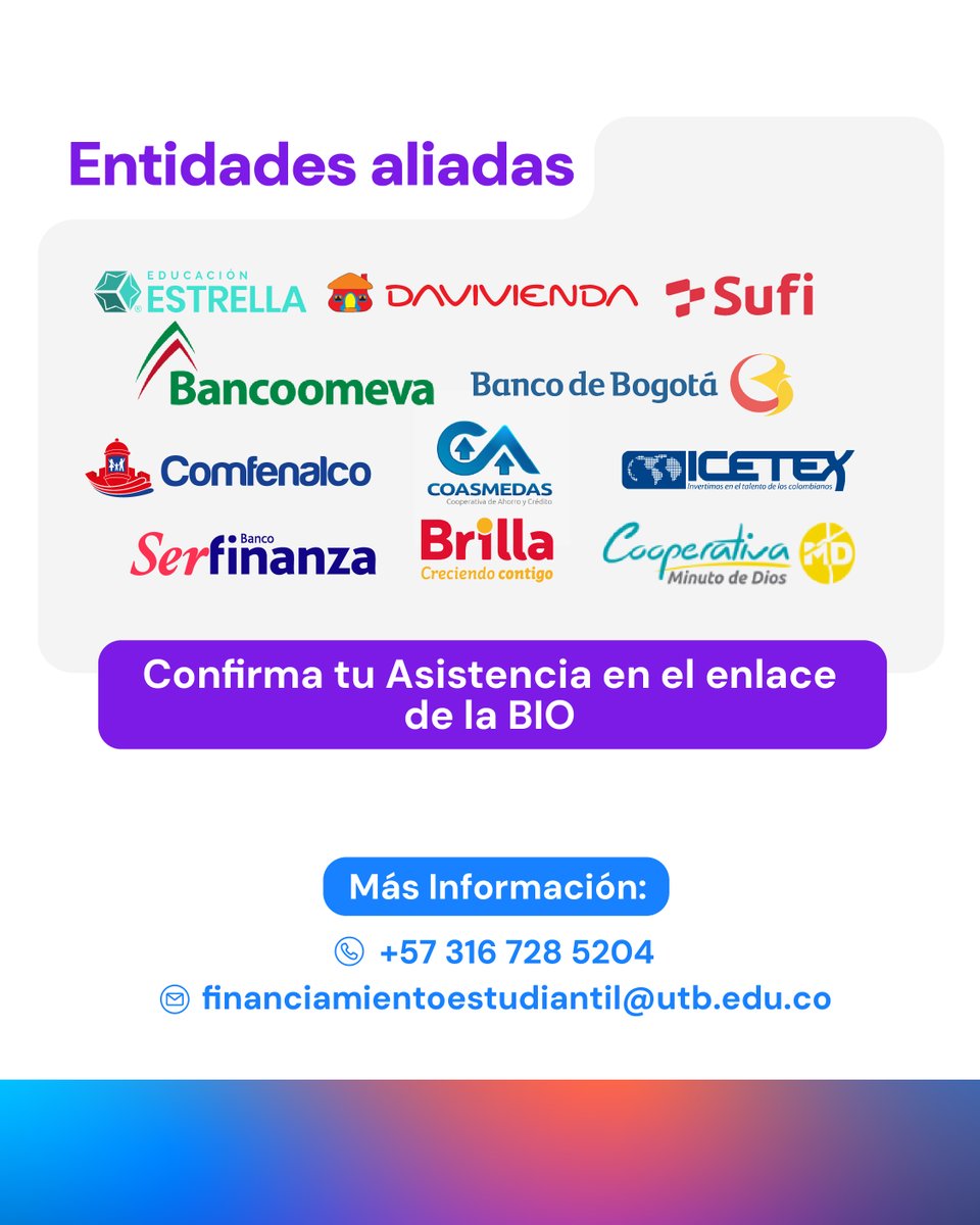 ¿Sueñas con estudiar en la UTB? 🎓 Ven a la Jornada de Financiamiento Estudiantil y participa en la charla "Mi dinero, mi plan, mi futuro: Claves para una vida financiera sin enredos" con Alejandro Ávila.
Inscribete: f.mtr.cool/asfdmoixbq

#UTB #FinanciamientoEstudiantil