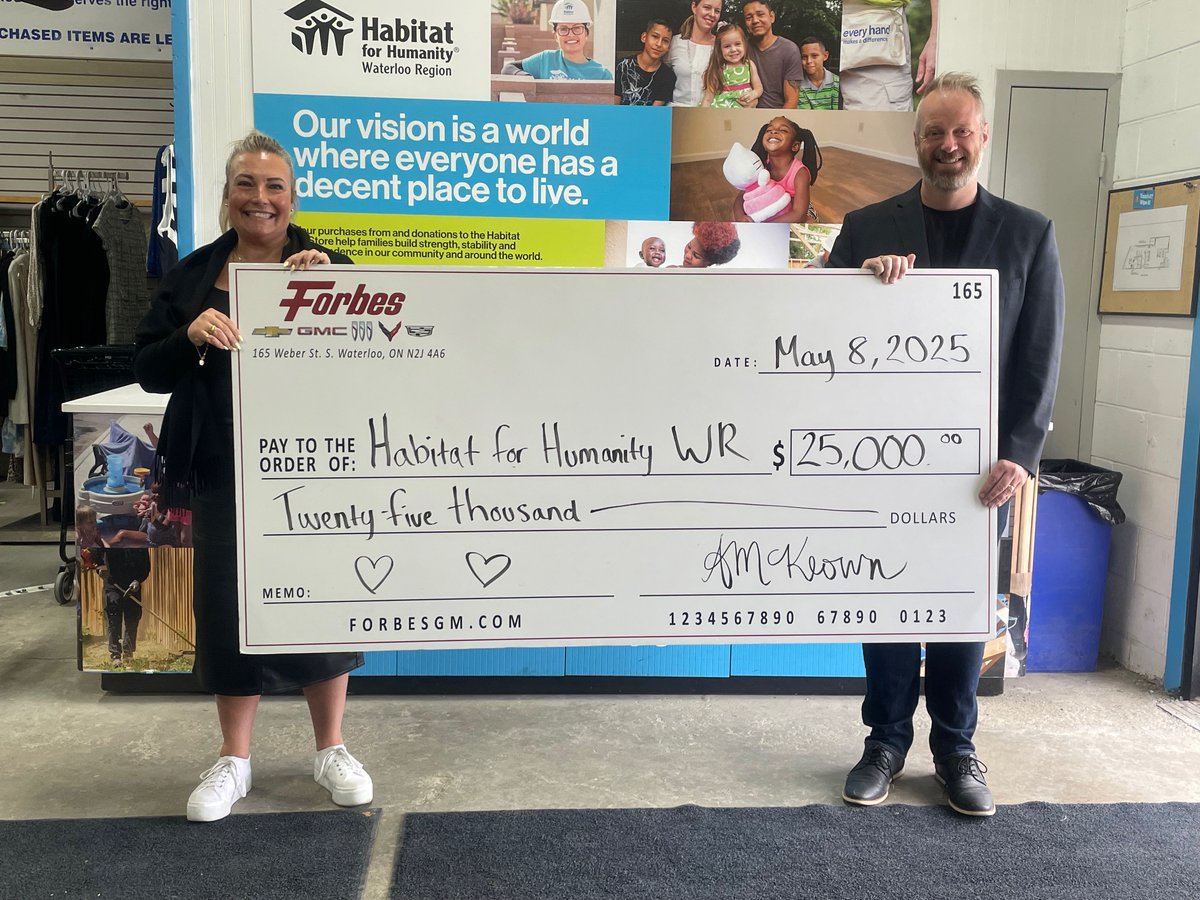 We’re grateful to welcome new partners supporting affordable housing in Waterloo Region. Thank you to 
Forbes GM Waterloo for the generous $25,000 donation toward our St. George St. build — it means even more coming from neighbours like you!