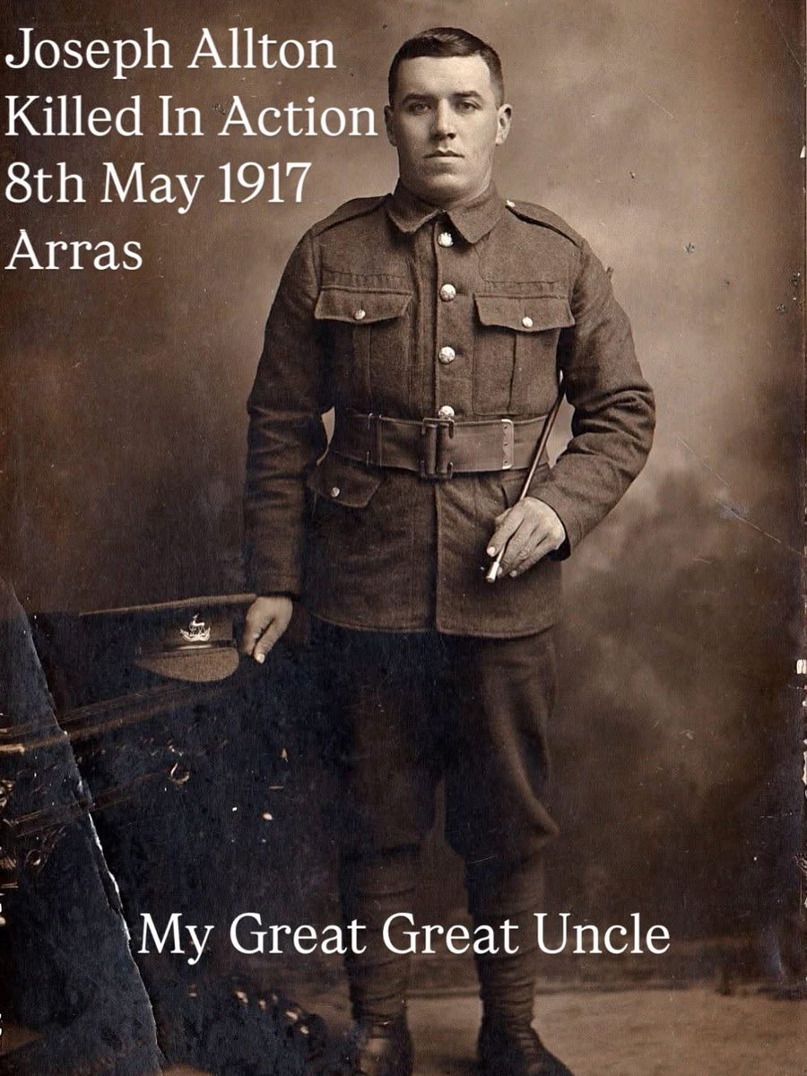 Remembering my GG Uncle, Joseph #Allton, killed in action 8th May 1917 at Fresnoy-en-Gohelle during the Battle of #Arras 
He has no known grave, and is remembered on the Arras #Memorial. 
Joseph, 25, was from #Bedworth #Warwickshire
#WW1 #FWW #History #Casualty #CWGC #Remembrance