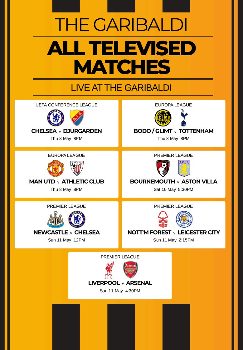 Join us this week at the Garibaldi for all televised #PremierLeague football and the remaining #UEFA Semi-Finals. #Livesport #Communitypub #Redhill