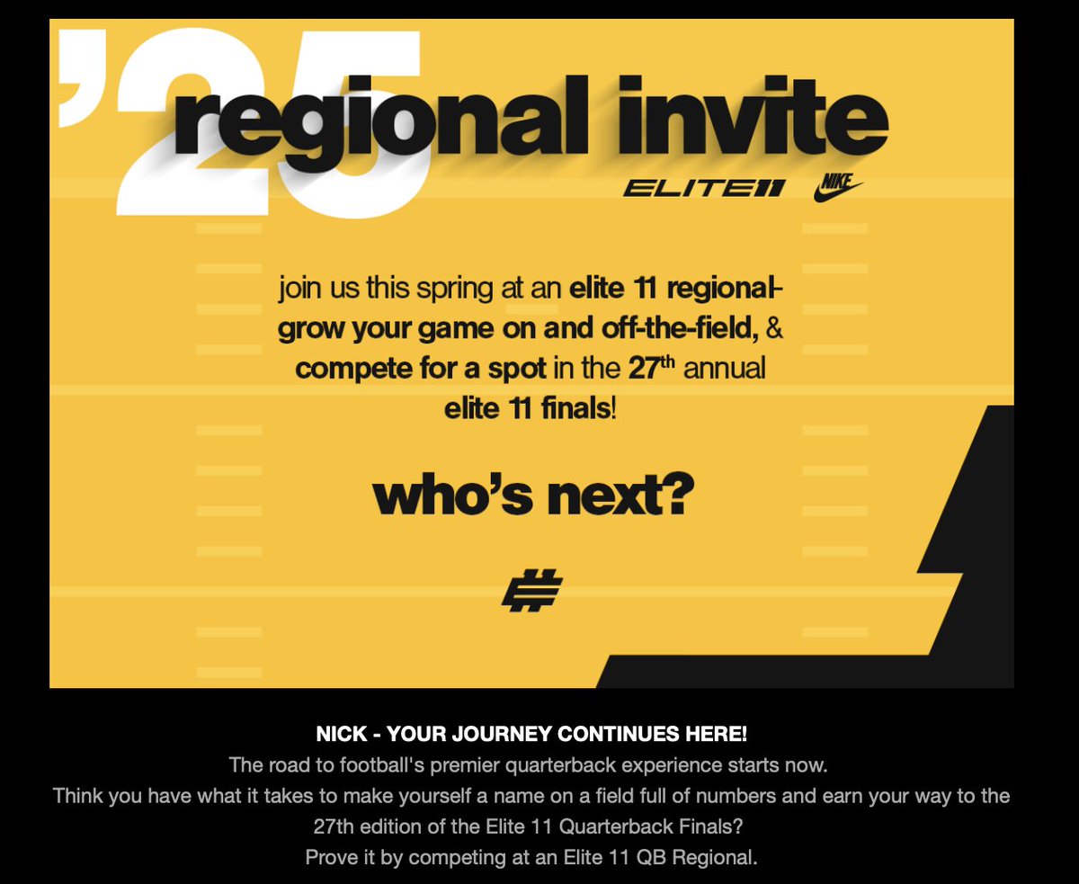 Extremely blessed to receive a Regional Invite to <a href="/Elite11/">Elite11</a> Thank you <a href="/Stumpf_Brian/">Brian Stumpf</a> I can't wait to compete in State College PA next weekend. 
<a href="/rjwindows/">RJ Windows</a> <a href="/IndyHSFootball/">Independence HS Football</a> <a href="/T_Money4699/">Mickey Thompson</a> <a href="/QbInvictus/">INVICTUS Quarterback Training</a>  <a href="/QBUselect/">QBU Select</a> <a href="/ChrisHixsonQB/">Chris Hixson</a> <a href="/QBHitList/">QBHitList.com</a> <a href="/danteabsher3/">Dante Absher</a> <a href="/CoachDaily1/">Curtis Daily</a>