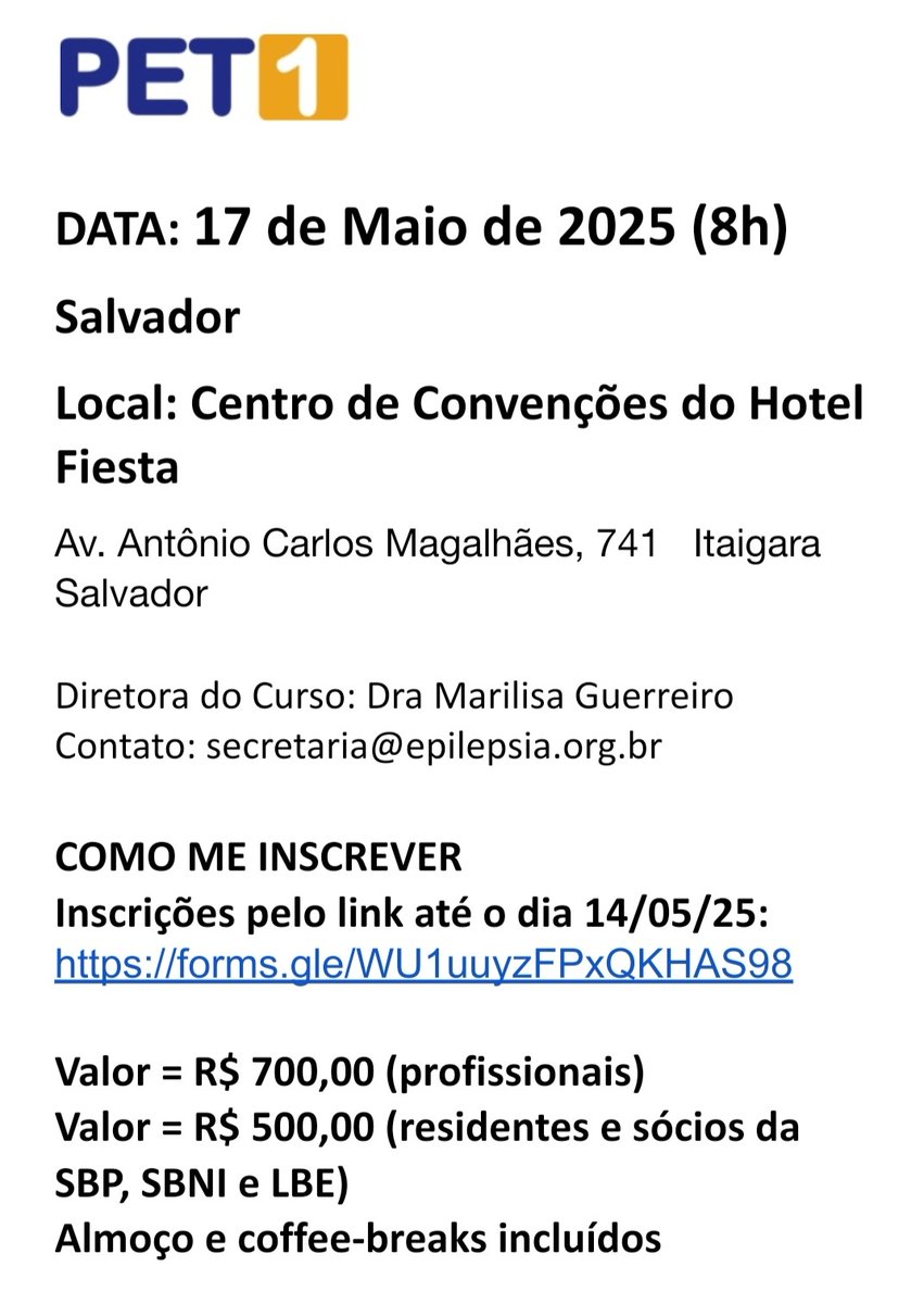 PET_Brasil (@pet1_brazil) on Twitter photo O PET 1 em Salvador na Bahia no dia 17/05/25 está chegando! Não perca! Curso com certificação internacional.
<a href="/LBEpilepsia/">Liga Brasileira de Epilepsia</a>
<a href="/BPNA_org/">BPNA</a>
<a href="/IlaeWeb/">International League Against Epilepsy</a> O PET 1 em Salvador na Bahia no dia 17/05/25 está chegando! Não perca! Curso com certificação internacional.
<a href="/LBEpilepsia/">Liga Brasileira de Epilepsia</a>
<a href="/BPNA_org/">BPNA</a>
<a href="/IlaeWeb/">International League Against Epilepsy</a>