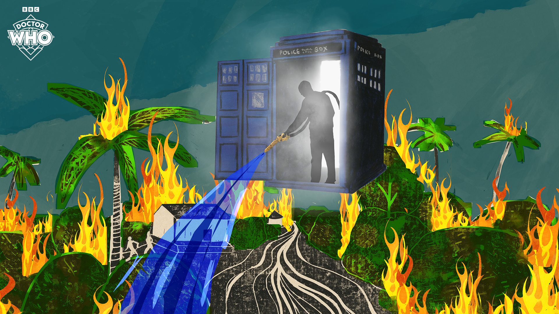Artwork by Bunmi Agusto, depicting a figure leaning out of the TARDIS doors in mid-air, putting out a forest fire with a hose from inside the TARDIS.