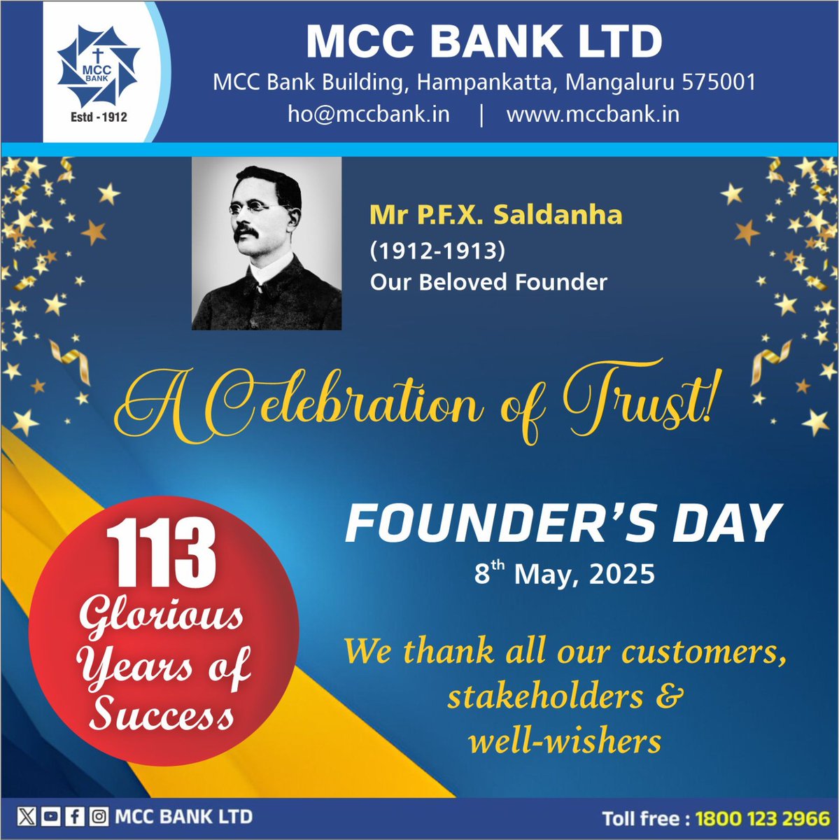 MCCBankLtd's tweet photo. On the occasion of our 113th Founder's Day, we would like to express our gratitude to all of you, who have been a part of our journey. 

#Foundersday #mccbankltd
  https://t.co/BMgqjv2vnC

 https://t.co/L2JYqoTSYQ

 https://t.co/FZwLNoXMZj https://t.co/KqErwK3kbe