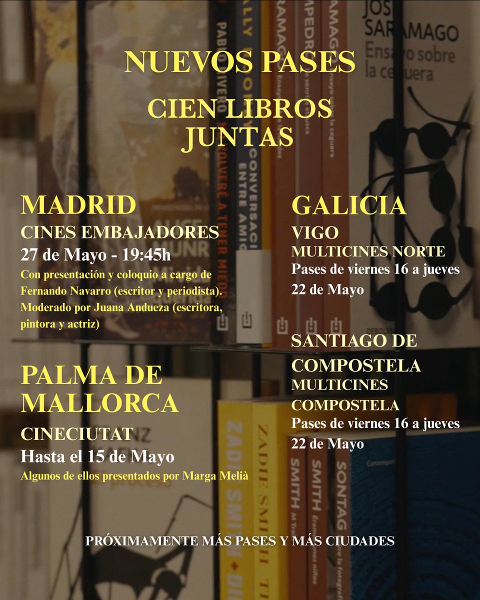 Donde se ha estrenado, ha conquistado. 📚✨
Tras su éxito en cines, #CienLibrosJuntas tiene nuevos pases para que nadie se quede sin vivir esta historia de amistad, libros y emociones compartidas.

🎟️ Compra ya tus entradas y no te la pierdas: linktr.ee/cienlibrosjunt…
