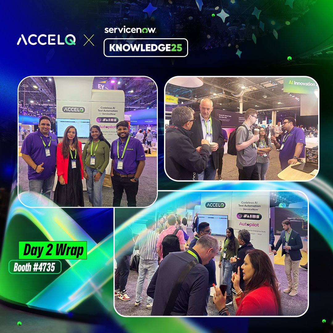 ACCELQ (@accelq) on Twitter photo The future is bright, and so was Day 2 at Knowledge'25! ✨
ACCELQ had another fantastic day partnering with <a href="/ServiceNow/">ServiceNow</a>, showcasing the power of AI in revolutionizing ServiceNow delivery.
Don't miss your last chance to see it all in action! Visit us at Booth #4735 today!
#Know25 The future is bright, and so was Day 2 at Knowledge'25! ✨
ACCELQ had another fantastic day partnering with <a href="/ServiceNow/">ServiceNow</a>, showcasing the power of AI in revolutionizing ServiceNow delivery.
Don't miss your last chance to see it all in action! Visit us at Booth #4735 today!
#Know25
