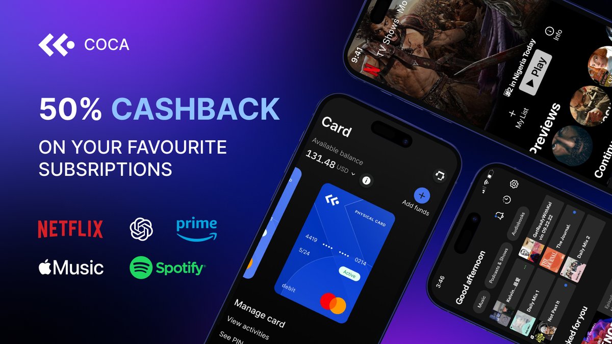 🎬 Get 50% Back on Netflix, Spotify, ChatGPT — Plus a Free COCA Card!

All you need is your COCA card — and if you order a virtual card by May 15th, it’s completely free.

With COCA Cashback, you’ll earn 50% back in $COCA tokens on your favorite subscriptions:
🎬 Netflix
 🎧