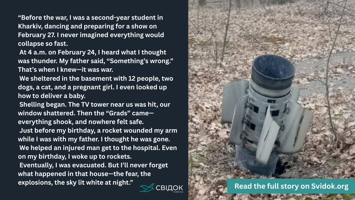 A student in Kharkiv was unexpectedly thrust into war on February 24, 2022. While preparing for a dance performance, she had to hide in a basement due to shelling—wounded and scared, grappling with reality. It still feels unreal. 
Read more: svidok.org/notes/ia-dosi-…