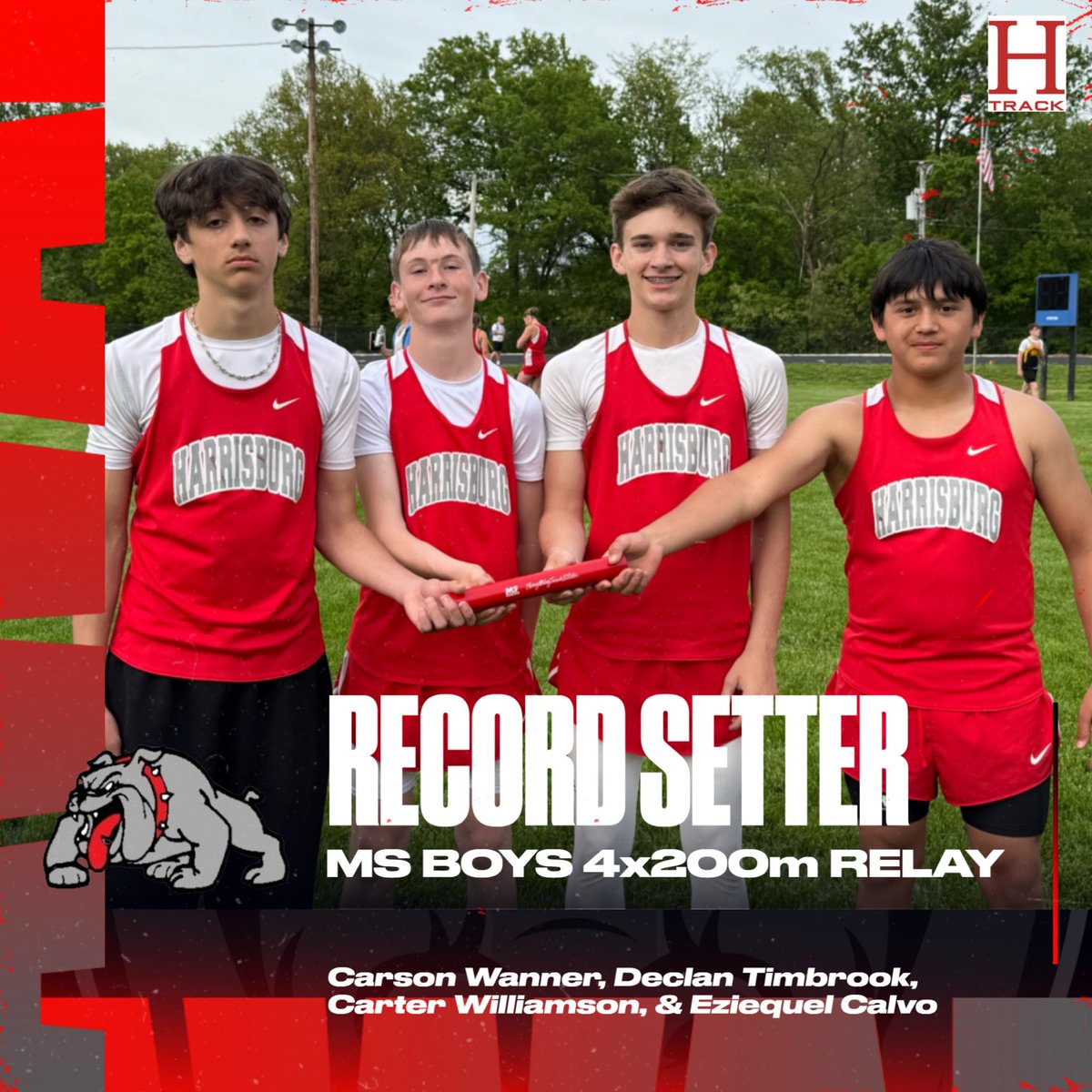 🚨New School Record🚨

Congratulations to Carson Wanner, Declan Timbrook, Carter Williamson &amp; Eziequel Calvo for breaking the MS 4x200m relay record!!! #BulldawgPride <a href="/HburgBoosters/">Harrisburg Bulldogs Booster Club</a> <a href="/TheSteveCombs/">Steve Combs</a> <a href="/CoachAckman/">Chris Ackman</a> <a href="/MBlakeLogan/">Blake Logan</a> <a href="/DGP_Geisler/">Devon Geisler</a> <a href="/b_claas/">Brennan Claas</a> <a href="/tessialanae/">tess🌸</a> <a href="/Whitfam8/">Rebekah Whitaker</a>