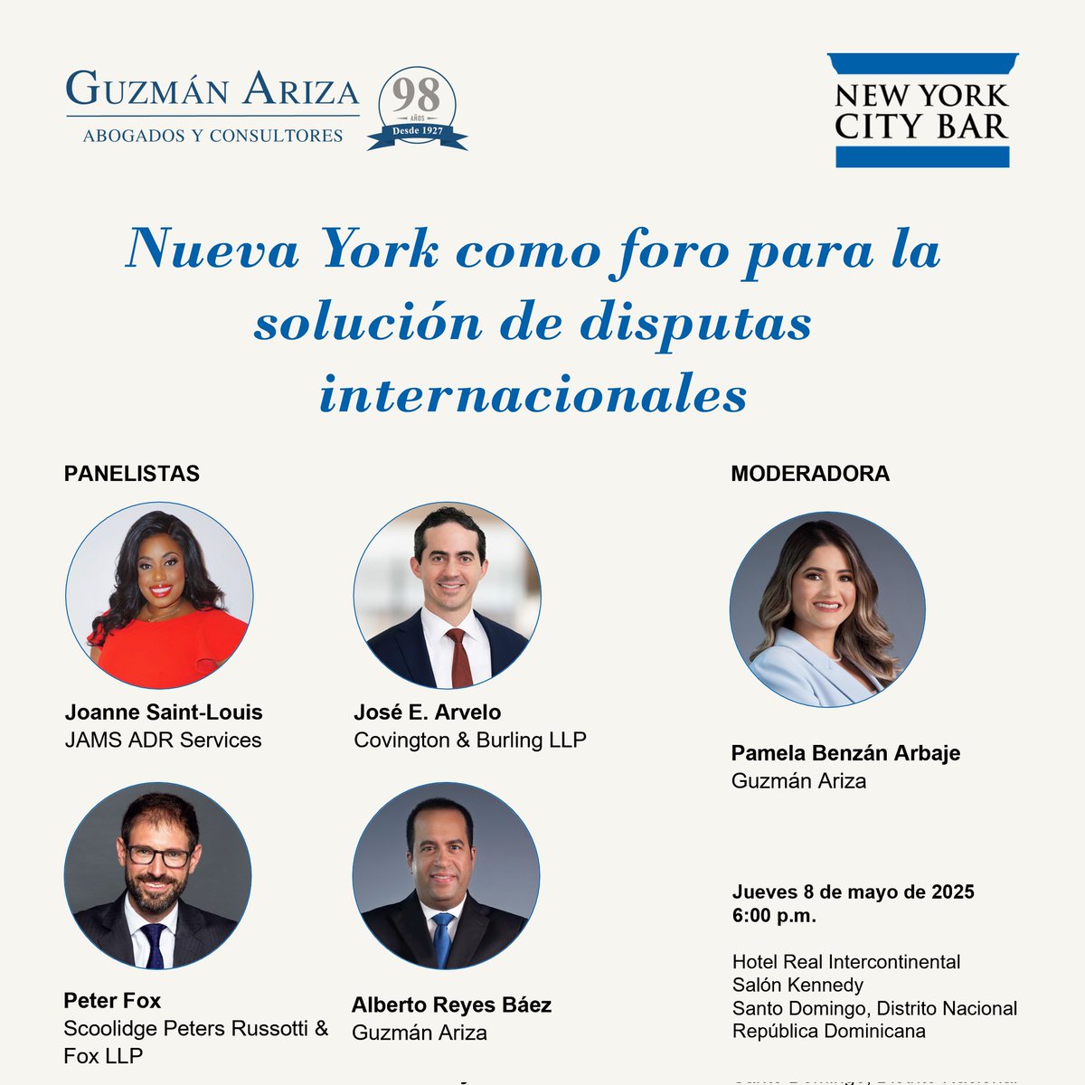 Este 8 de mayo, Guzmán Ariza servirá de anfitrión para una delegación del Colegio de Abogados de la ciudad de Nueva York que visitó el país, patrocinando un panel especializado en Santo Domingo, sobre “Nueva York como sede para la resolución de disputas internacionales”.