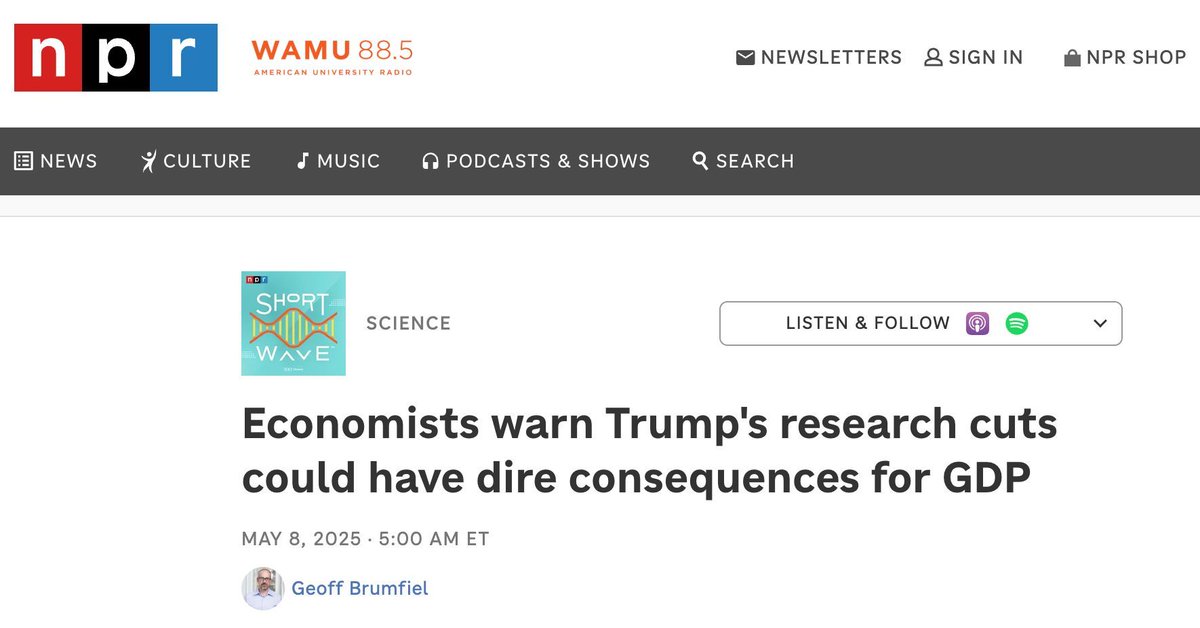 Trump's proposed budget would switch off huge swaths of America's scientific enterprise - from NASA to cancer research to disaster forecasting. 

"The economy tomorrow is going to be smaller because you decided to cut that funding today.” 

New research from <a href="/impamodel/">Institute for Macroeconomic & Policy Analysis IMPA</a> in NPR 👇