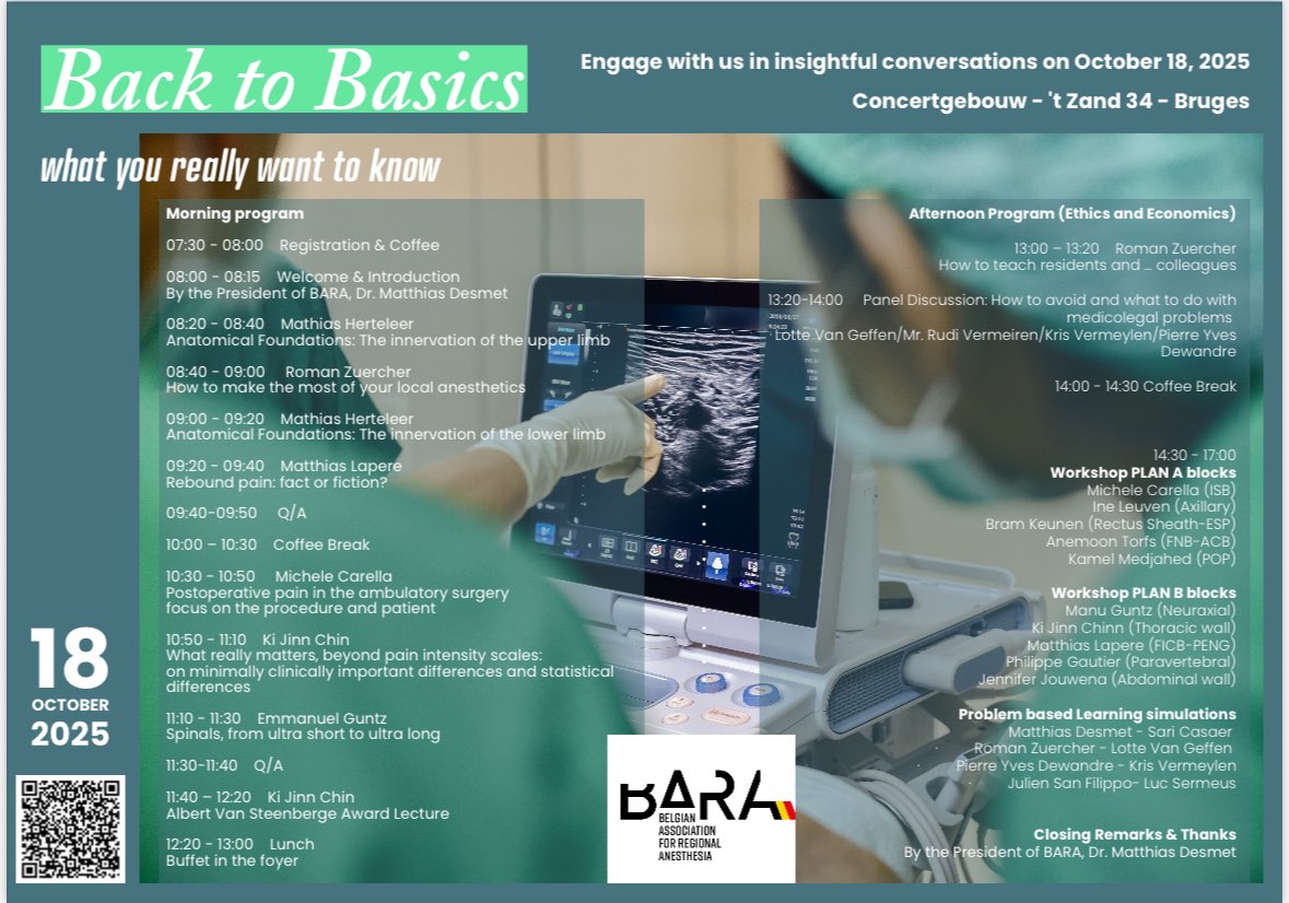 As I am at #RAUK25 in Leeds, it’s the perfect occasion to invite every <a href="/RegionalAnaesUK/">RA-UK</a> member in the room to Belgian BARA’s annual meeting in Bruges on October 18th. 
<a href="/BelgianBara/">Belgian Association of Regional Anesthesia BARA</a>