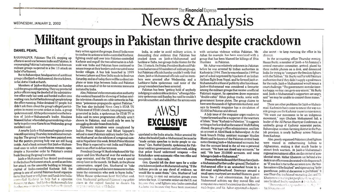 On Jan. 2, 2002, Wall Street Journal Danny Pearl wrote a headline that could be published today: “Militant groups in Pakistan thrive despite crackdown.”

India has announced important news: its air strike in Bahawalpur killed Abdul Rauf Azhar, the mastermind of the hijacking of