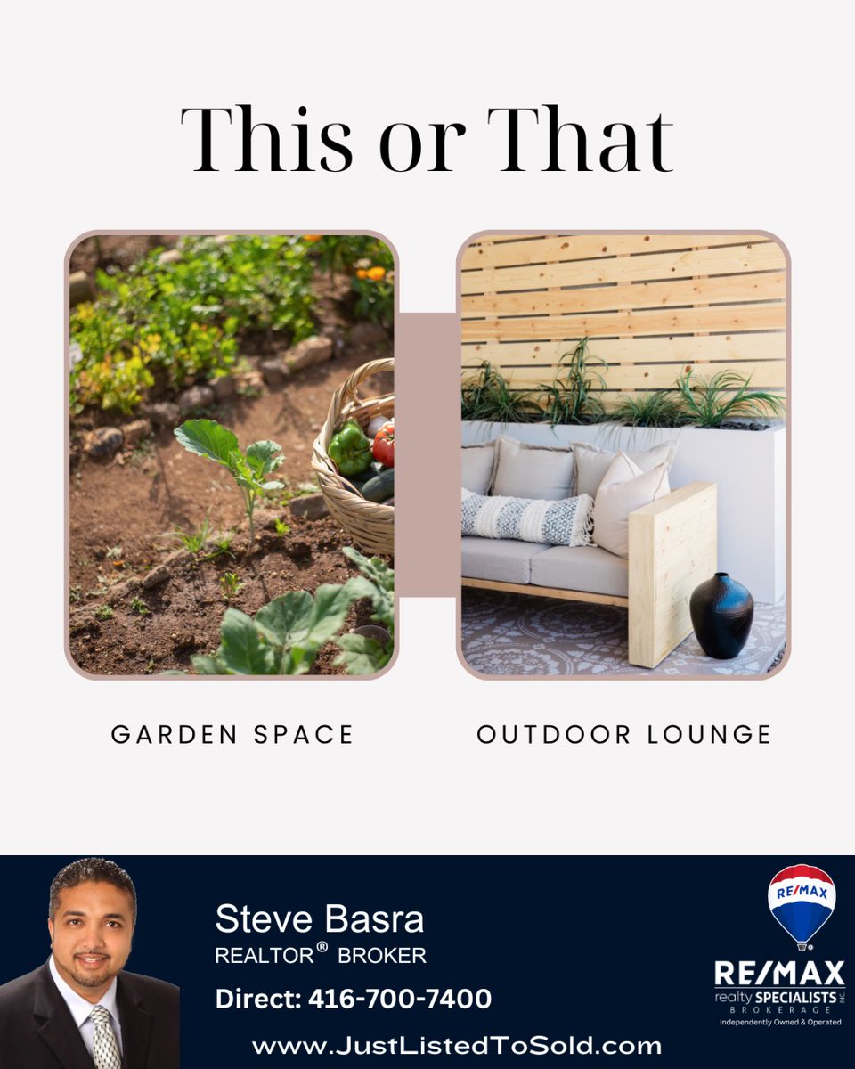 This or That: Dream Spring Backyard Edition! 🌿🏡

If you had to choose, would you rather have:
🌱 A lush garden space
🪑 A comfortable outdoor lounge

Both bring charm and value to a home, but which one fits your lifestyle best? Let us know in the comments!

#SteveBasra
