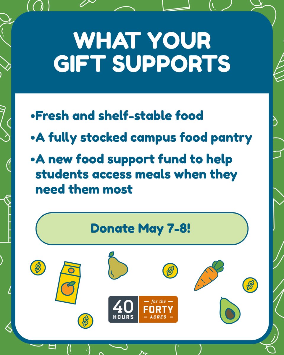 UTOutpost's tweet image. Join us during 40 Hours for the Forty Acres to fight food insecurity on campus! 🥕🧡
Your gift supports fresh and shelf-stable food, a fully stocked food pantry, and a new food support fund. Donate today! 🤘
Learn more: give.utexas.edu/schools/Univer…