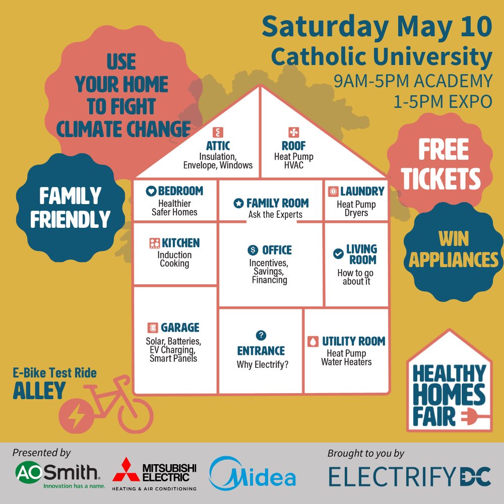 Visit our home to learn how to decarbonize yours! Download the #HealthyHomesFair app to explore Expo exhibitors, pick Academy sessions, and plan your trip to this fun, free, family-friendly event THIS SATURDAY at Catholic University from 9am to 5pm healthyhomesfair.org/app