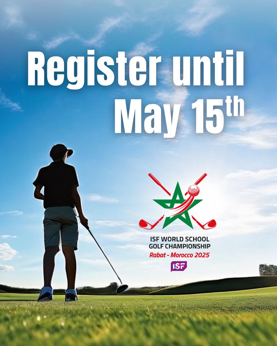 1 week left to register to the ISF World School Golf Championship 2025!

Be part of the inaugural global school golf event for U15 &amp; U18 boys and girls—teams and singles welcome.

Find more information in bulletin 1 on: isfsports.org
Register on: isf-eras.org