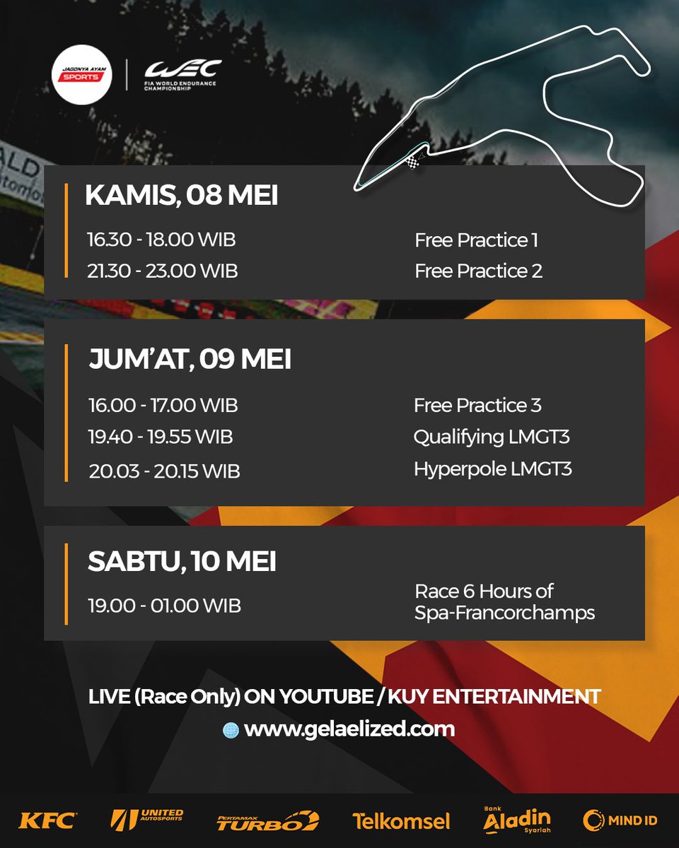 TeamJagonyaAyam's tweet photo. All the timings you need for this weekend's action in Spa ๐ง๐ช
#KFCIndonesia
#Pertamina
#PertamaxTurbo
#UnitedAutosports
#PertamaxTurbo
#Telkomsel
#BankAladinSyariah
#MINDID
#WEC
#6HSpa
#seangelael
#UnitedAutosports https://t.co/quqWOrn06V