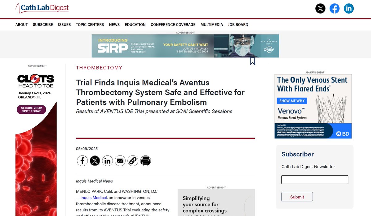 Journal of Invasive Cardiology (@invasivecardiol) on Twitter photo Trial Finds Inquis Medical’s Aventus Thrombectomy System Safe and Effective for Patients with Pulmonary Embolism
Results of AVENTUS IDE Trial presented at SCAI Scientific Sessions
hubs.ly/Q03lkZK50 Trial Finds Inquis Medical’s Aventus Thrombectomy System Safe and Effective for Patients with Pulmonary Embolism
Results of AVENTUS IDE Trial presented at SCAI Scientific Sessions
hubs.ly/Q03lkZK50
