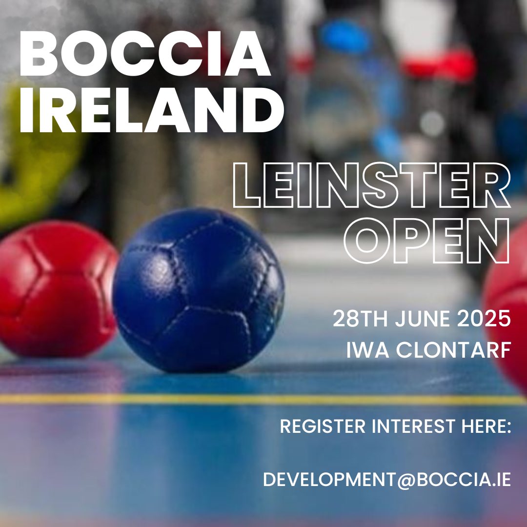 Boccia Ireland Leinster Open!

📆 Sat 28th June

📍IWA Clontarf

Entry fee €5

You can register your interest by emailing development@boccia.ie 

Spaces are limited so sign up now! 

Registration closes Monday May 26th at 5pm.

#BocciaIreland