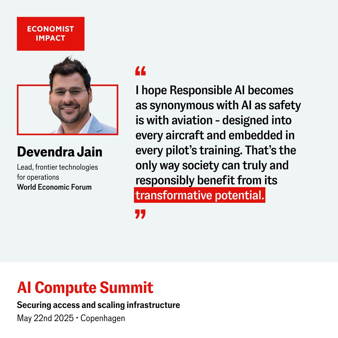 Economist Impact events (@economistevents) on Twitter photo Devendra Jain, the lead of frontier technologies for operations at the <a href="/wef/">World Economic Forum</a> joins the AI Compute summit on May 22nd 2025 in Copenhagen to speak on the panel “The race for AI accelerators”. Register here: econimpact.co/Sz #EconAICompute Devendra Jain, the lead of frontier technologies for operations at the <a href="/wef/">World Economic Forum</a> joins the AI Compute summit on May 22nd 2025 in Copenhagen to speak on the panel “The race for AI accelerators”. Register here: econimpact.co/Sz #EconAICompute