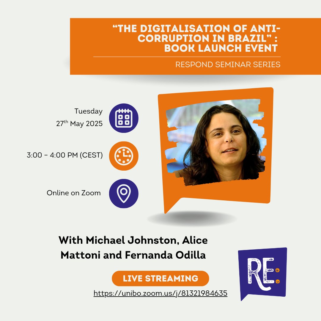 📚 The RESPOND Seminar Series continues!
📢 Join the online launch of Fernanda Odilla’s new book “The Digitalisation of Anti-Corruption in Brazil” with Michael Johnston, Alice Mattoni and the author Fernanda Odilla
This publication explores how digital tools are reshaping the