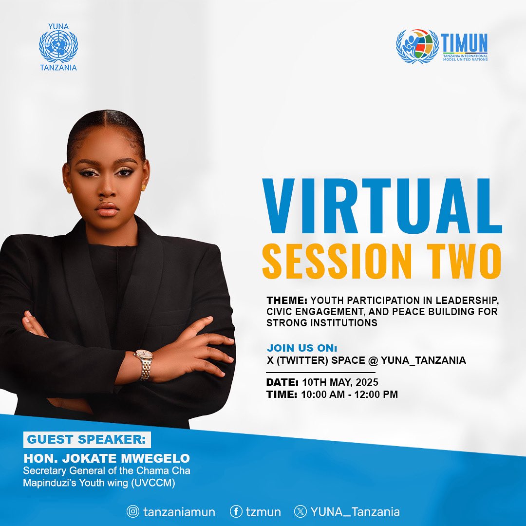 We are honored to have Hon. @jokatemwegelo Secretary General of Chama Cha Mapinduzi’s Youth Wing (UVCCM).

Join our virtual session on Youth Participation in Leadership, Civic Engagement, and Peace Building for Strong Institutions.

10th May 2025 | 10:00 AM – 12:00 PM (EAT)