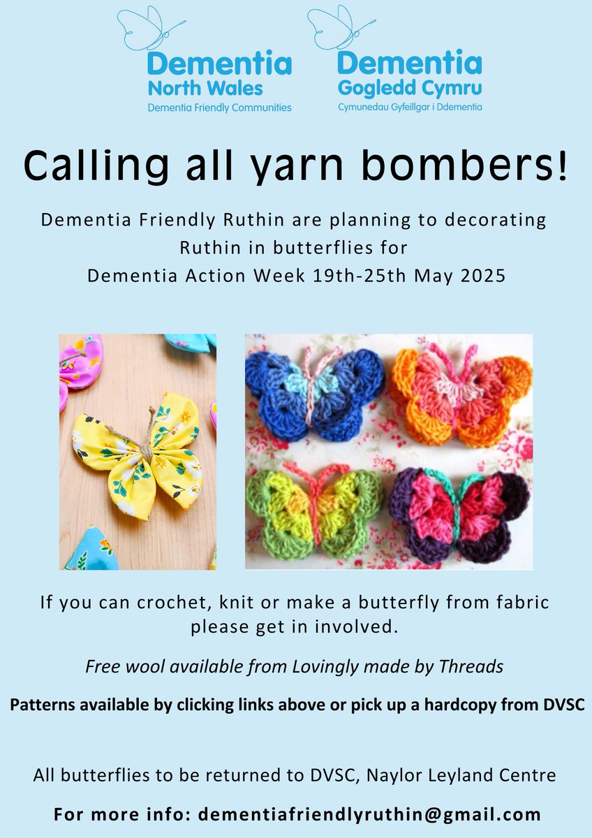 Calling all yarn bombers
Dementia Friendly Ruthin are decorating Ruthin with butterflies for Dementia Action Week #DementiaActionWeek