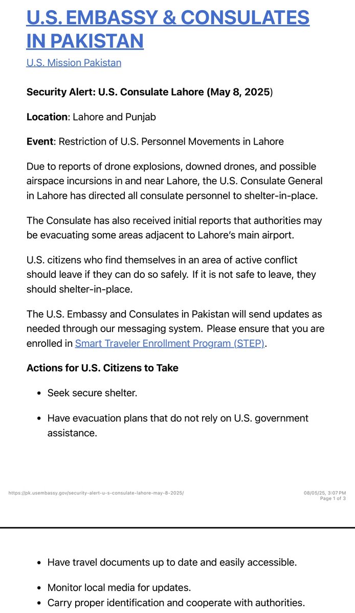 Global_NewsWire's tweet image. 🚨 ALERT: U.S. issues security warning for Lahore, urging citizens to shelter in place or depart immediately. Move follows heightened tensions in region.

#Pakistan #USAlert #Lahore #Security