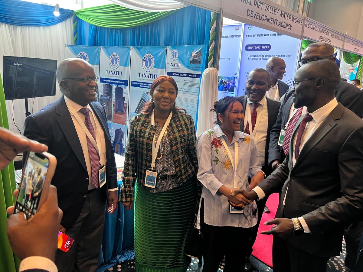 Tanathiwwda Board Chair and the CEO Eng.F.Kyengo tour Tanathi booth with the CS for Water Sanitation and Irrigation during the Water Sanitation Conference at Radisson Blu hotel. The Conference brought together leaders,policy-makes and other stakeholders in the Sector.