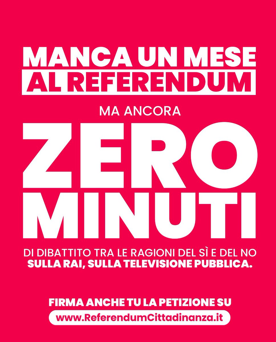 Tra un mese esatto, l’8 e il 9 giugno,
milioni di cittadine e cittadine saranno chiamati a votare il #ReferendumCittadinanza.

Ma al momento nei programmi di approfondimento più seguiti il tempo dedicato è pari allo ZERO.

ORA BASTA.

FIRMA LA PETIZIONE su referendumcittadinanza.it/basta-censura-…